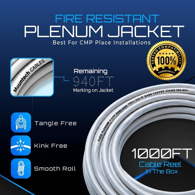 Alt view image 6 of 7 - Cat6 Shielded Plenum Ethernet Cable 1000FT, 23AWG Solid Bare Copper, F/UTP Foil Shielded, CMP Rated, 550MHz, 10Gbps, PoE++, Bulk Network Cable for Offices, Commercial Buildings & Data Centers (White)