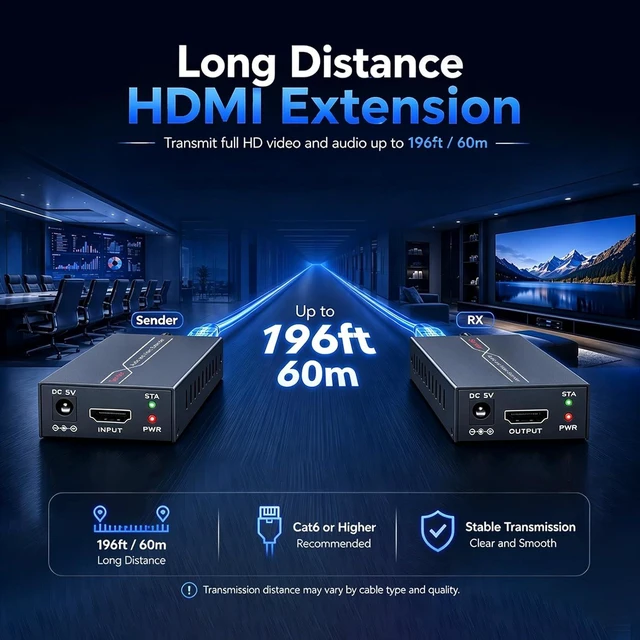 Alt view image 2 of 6 - HDMI Extender Over Ethernet, 196ft 1080P 60Hz with POC and EDID