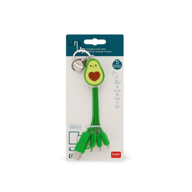 Alt view image 3 of 3 - Legami - Avocado Theme Multiple Link Up Charging Cable with Keychain, 4 USB Charging Cables, Type-C, Micro-USB, Lightning, with USB Type C Adapter, TPE Coated Cable