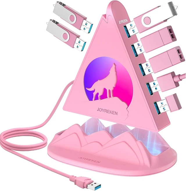 Main image of 7 Port USB 3.0 Hub,Pink USB Hub with Wolf Shaped RGB Night Light, 2ft Long Cable and Pink Base,for Laptop, PC, Flash Drive, HDD, Console, Printer, Keyborad, Mouse and More(Charging Not Supported)