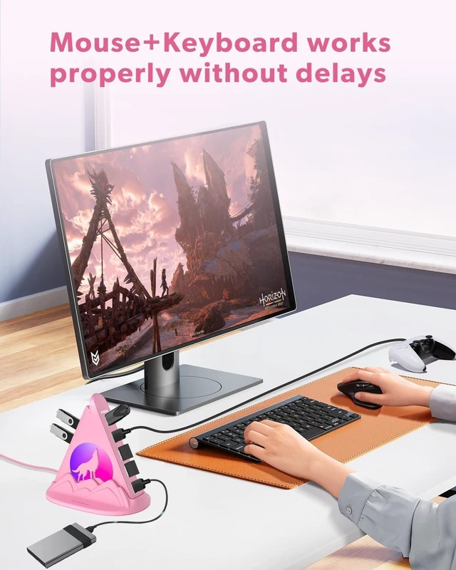 Alt view image 6 of 7 - 7 Port USB 3.0 Hub,Pink USB Hub with Wolf Shaped RGB Night Light, 2ft Long Cable and Pink Base,for Laptop, PC, Flash Drive, HDD, Console, Printer, Keyborad, Mouse and More(Charging Not Supported)