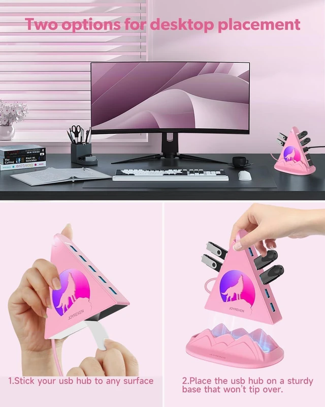 Alt view image 7 of 7 - 7 Port USB 3.0 Hub,Pink USB Hub with Wolf Shaped RGB Night Light, 2ft Long Cable and Pink Base,for Laptop, PC, Flash Drive, HDD, Console, Printer, Keyborad, Mouse and More(Charging Not Supported)