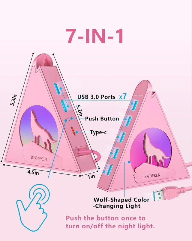 Alt view image 2 of 7 - 7 Port USB 3.0 Hub,Pink USB Hub with Wolf Shaped RGB Night Light, 2ft Long Cable and Pink Base,for Laptop, PC, Flash Drive, HDD, Console, Printer, Keyborad, Mouse and More(Charging Not Supported)
