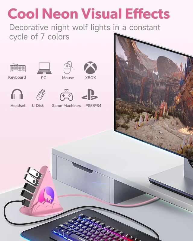 Alt view image 5 of 7 - 7 Port USB 3.0 Hub,Pink USB Hub with Wolf Shaped RGB Night Light, 2ft Long Cable and Pink Base,for Laptop, PC, Flash Drive, HDD, Console, Printer, Keyborad, Mouse and More(Charging Not Supported)