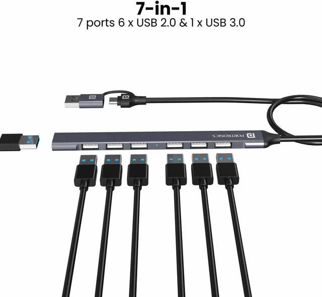 Alt view image 2 of 6 - Generic Portronic s Mport 7 USB Hub, Multiport Adapter with Dual Convertible USB & Type C Heads, Upto 5 Gbps Data Transfer Speed, 1 x USB 3.0 & 6 x USB 2.0 Ports for Laptop, MacBook, PC (Grey)