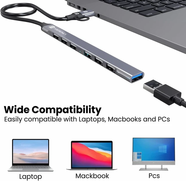 Alt view image 4 of 6 - Generic Portronic s Mport 7 USB Hub, Multiport Adapter with Dual Convertible USB & Type C Heads, Upto 5 Gbps Data Transfer Speed, 1 x USB 3.0 & 6 x USB 2.0 Ports for Laptop, MacBook, PC (Grey)