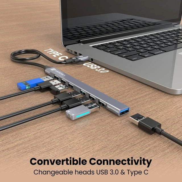 Alt view image 3 of 6 - Generic Portronic s Mport 7 USB Hub, Multiport Adapter with Dual Convertible USB & Type C Heads, Upto 5 Gbps Data Transfer Speed, 1 x USB 3.0 & 6 x USB 2.0 Ports for Laptop, MacBook, PC (Grey)