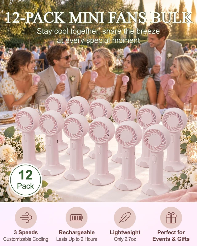 Alt view image 6 of 7 - 12 Pack Mini Fans, USB Rechargeable, Wedding Favors, Blush
