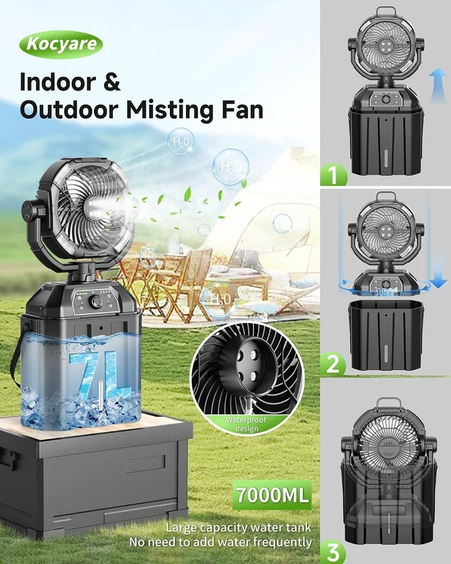 Alt view image 2 of 7 - Misting fan with 7L bucket 90°Oscillating ,4 Spray Mister 25000mAh Rechargeable Camping fan with Remote Control Stepless Speed and Timer for Patios/CampingWaterproof Design Outdoor Fans (Black)