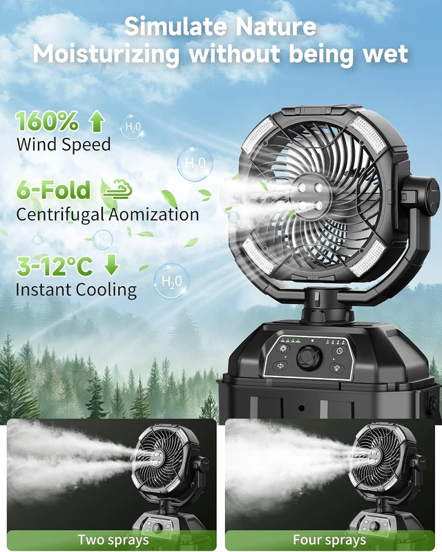 Alt view image 3 of 7 - Misting fan with 7L bucket 90°Oscillating ,4 Spray Mister 25000mAh Rechargeable Camping fan with Remote Control Stepless Speed and Timer for Patios/CampingWaterproof Design Outdoor Fans (Black)