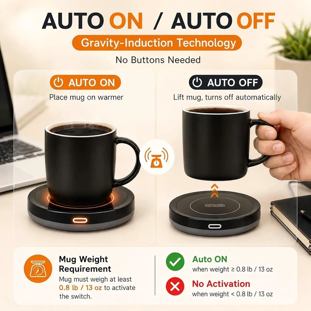Alt view image 5 of 7 - Smart Coffee Warmer, BESTINNKITS Auto On/Off Gravity-Induction Mug Warmer for Office Desk Use, Candle Wax Cup Warmer Heating Plate (Up to 131F/55C) (Black)