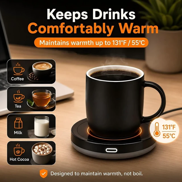Alt view image 6 of 7 - Smart Coffee Warmer, BESTINNKITS Auto On/Off Gravity-Induction Mug Warmer for Office Desk Use, Candle Wax Cup Warmer Heating Plate (Up to 131F/55C) (Black)