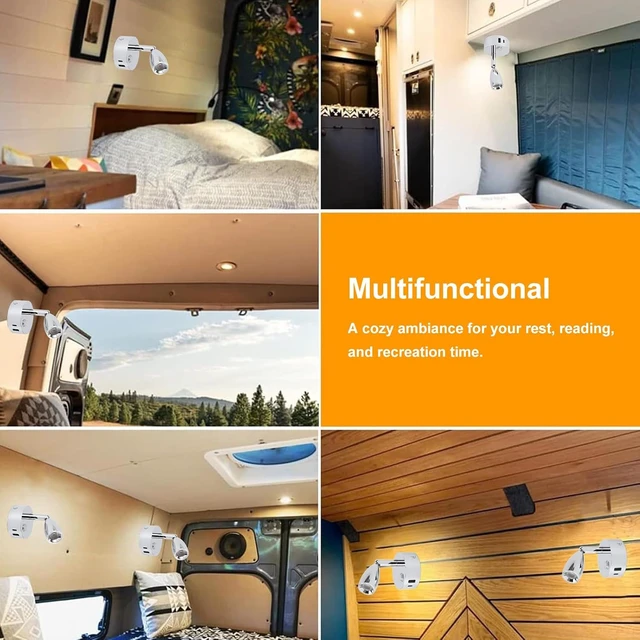 Alt view image 2 of 7 - 12V Campervan LED Reading Lamp with USB Port, Dimmable Touch Switch, 3-Colour Temperature, Chrome Plated Matte Finish, Wall Sconce Spot Light