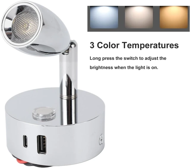 Alt view image 4 of 7 - 12V Campervan LED Reading Lamp with USB Port, Dimmable Touch Switch, 3-Colour Temperature, Chrome Plated Matte Finish, Wall Sconce Spot Light