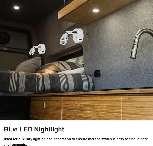 Alt view image 3 of 7 - 12V Campervan LED Reading Lamp with USB Port, Dimmable Touch Switch, 3-Colour Temperature, Chrome Plated Matte Finish, Wall Sconce Spot Light