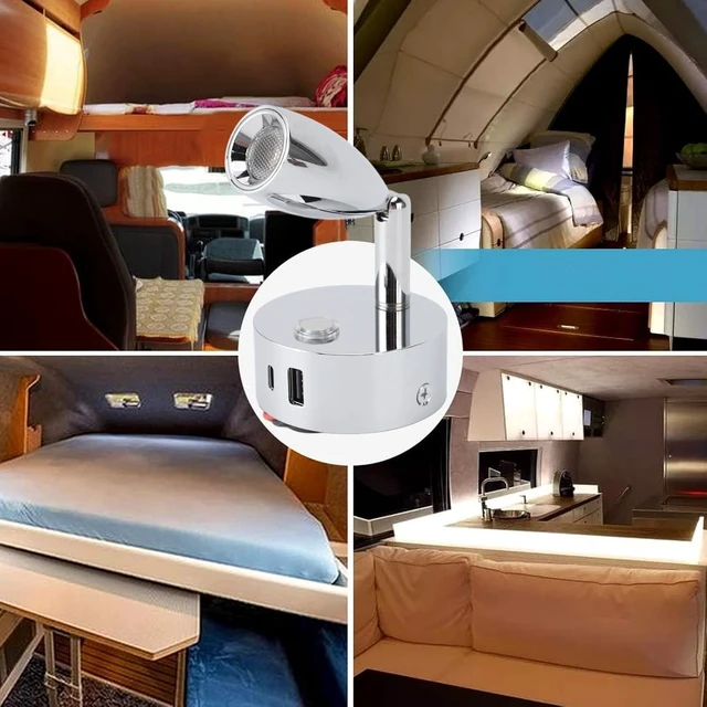 Alt view image 5 of 7 - 12V Campervan LED Reading Lamp with USB Port, Dimmable Touch Switch, 3-Colour Temperature, Chrome Plated Matte Finish, Wall Sconce Spot Light