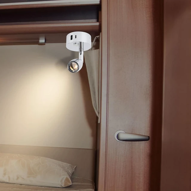 Alt view image 6 of 7 - 12V Campervan LED Reading Lamp with USB Port, Dimmable Touch Switch, 3-Colour Temperature, Chrome Plated Matte Finish, Wall Sconce Spot Light