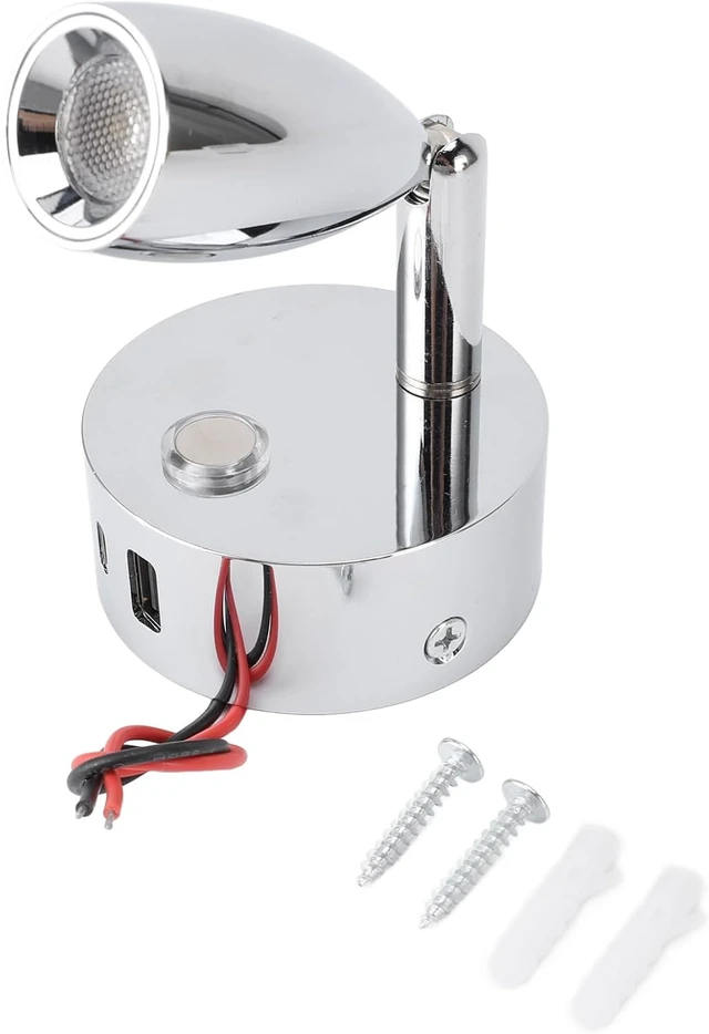 Alt view image 7 of 7 - 12V Campervan LED Reading Lamp with USB Port, Dimmable Touch Switch, 3-Colour Temperature, Chrome Plated Matte Finish, Wall Sconce Spot Light