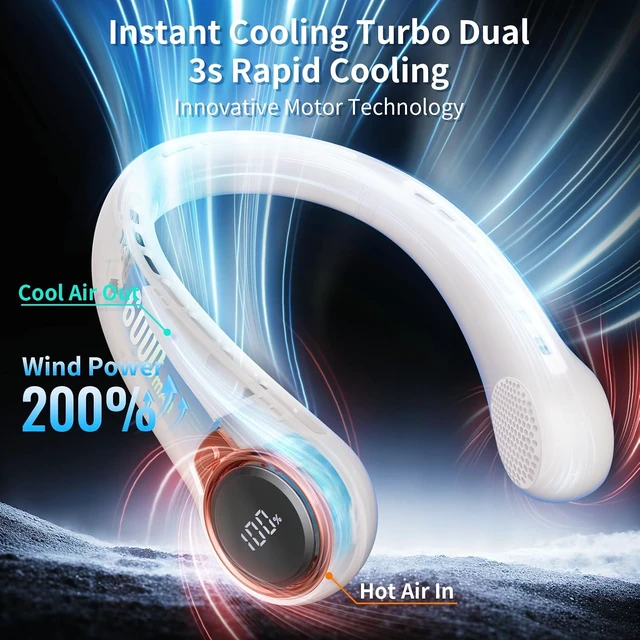 Alt view image 2 of 7 - BNBZ Portable Neck Fan with 6000mAh USB, Ultra-Light Bladeless Neck Fan LED Display, 360° Cooling Wearable Fan, 4 Speeds (Champagne)