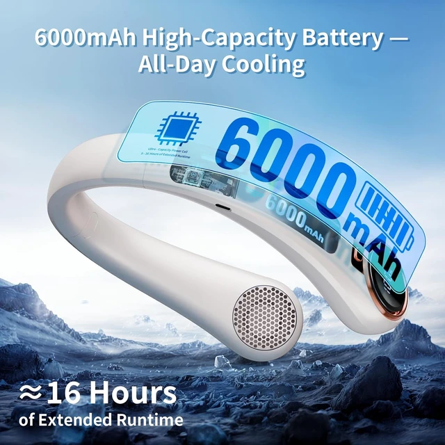 Alt view image 4 of 7 - BNBZ Portable Neck Fan with 6000mAh USB, Ultra-Light Bladeless Neck Fan LED Display, 360° Cooling Wearable Fan, 4 Speeds (Champagne)