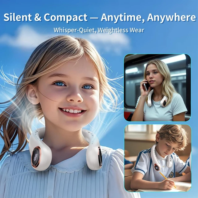 Alt view image 5 of 7 - BNBZ Portable Neck Fan with 6000mAh USB, Ultra-Light Bladeless Neck Fan LED Display, 360° Cooling Wearable Fan, 4 Speeds (Champagne)