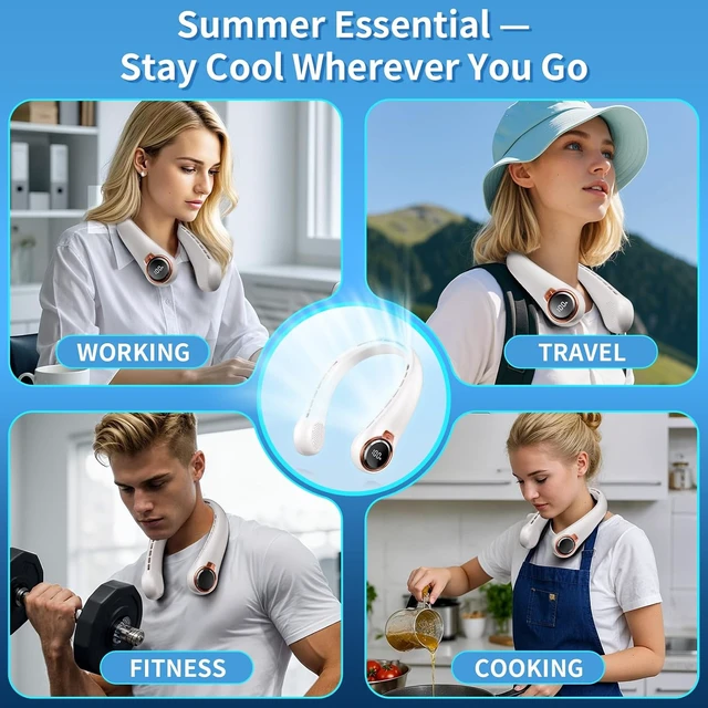 Alt view image 7 of 7 - BNBZ Portable Neck Fan with 6000mAh USB, Ultra-Light Bladeless Neck Fan LED Display, 360° Cooling Wearable Fan, 4 Speeds (Champagne)