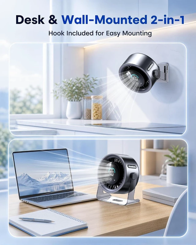Alt view image 5 of 7 - USB Desk Fan for Bedroom: 100 Speeds Digital Display Quiet Portable Fan with Turbo Airflow, 120° Rotating Small Rechargeable Battery Desktop & Wall-Mounted Fans for Bedroom Home Office (Black)