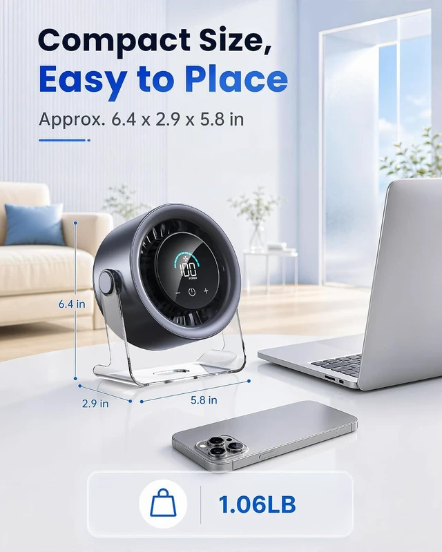 Alt view image 6 of 7 - USB Desk Fan for Bedroom: 100 Speeds Digital Display Quiet Portable Fan with Turbo Airflow, 120° Rotating Small Rechargeable Battery Desktop & Wall-Mounted Fans for Bedroom Home Office (Black)