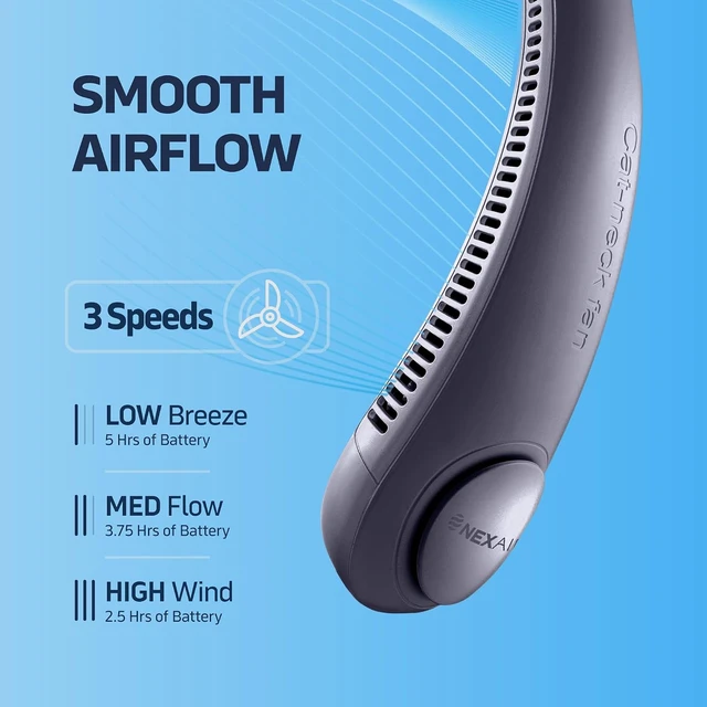 Alt view image 3 of 7 - NEXAIR Portable Neck Fan - 3 Speed Rechargeable Bladeless Neck Fan, Adjustable Personal Blue Neck Fan For Women & Men Modern Design, Great Cooling Fan For Travel, Outdoors & Sports