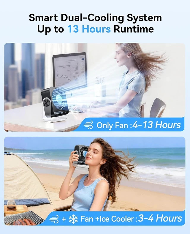 Alt view image 4 of 7 - KIMMOO Rechargeable USB Desk Fan for Bedroom, 199 Speeds Turbo Airflow, Portable Fan with Ice Cooling, Digital Display Quiet Table Fan, 270° Rotating Small Battery Desktop Fans for Home Office (Black)
