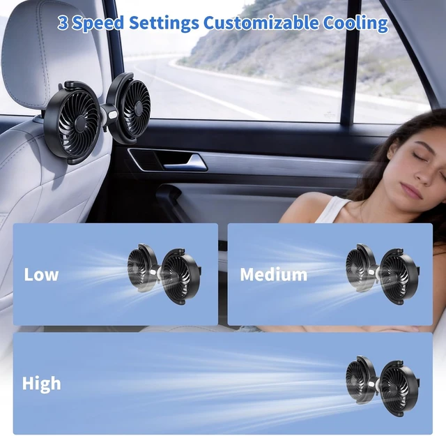 Alt view image 5 of 6 - Kwak's Car Fan for Backseat 360° 3-Speed USB Fan for SUV, Sedan & Truck