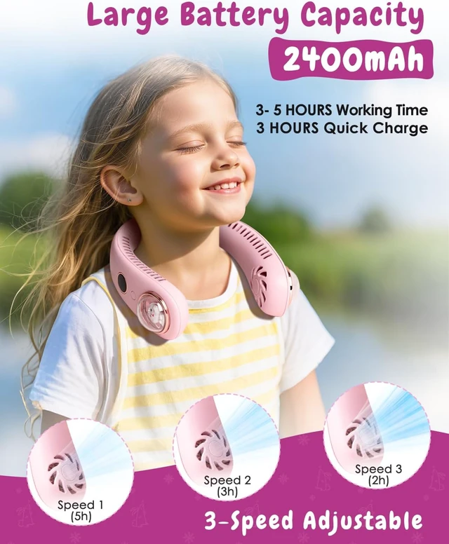 Alt view image 2 of 6 - Neck Fan for Kids,Bladeless Portable Fan Rechargeable for 4-14Y Girls & Boys, 2400mAh USB Personal Cooling Mini Fan Rechargeable for Travel/Disney/Camping, 3 Speeds, Summer Essentials(Pink)