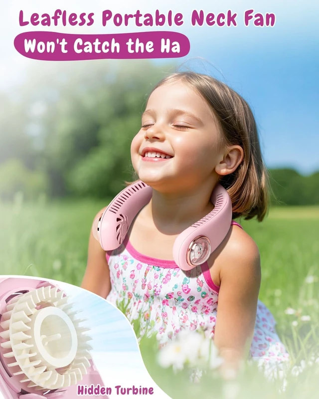 Alt view image 3 of 6 - Neck Fan for Kids,Bladeless Portable Fan Rechargeable for 4-14Y Girls & Boys, 2400mAh USB Personal Cooling Mini Fan Rechargeable for Travel/Disney/Camping, 3 Speeds, Summer Essentials(Pink)
