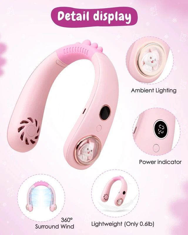 Alt view image 5 of 6 - Neck Fan for Kids,Bladeless Portable Fan Rechargeable for 4-14Y Girls & Boys, 2400mAh USB Personal Cooling Mini Fan Rechargeable for Travel/Disney/Camping, 3 Speeds, Summer Essentials(Pink)