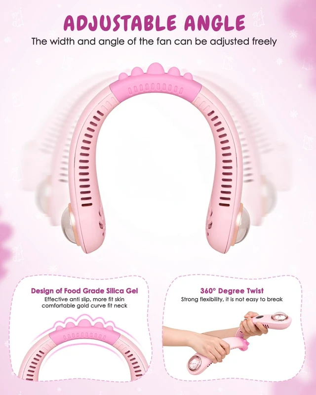 Alt view image 4 of 6 - Neck Fan for Kids,Bladeless Portable Fan Rechargeable for 4-14Y Girls & Boys, 2400mAh USB Personal Cooling Mini Fan Rechargeable for Travel/Disney/Camping, 3 Speeds, Summer Essentials(Pink)