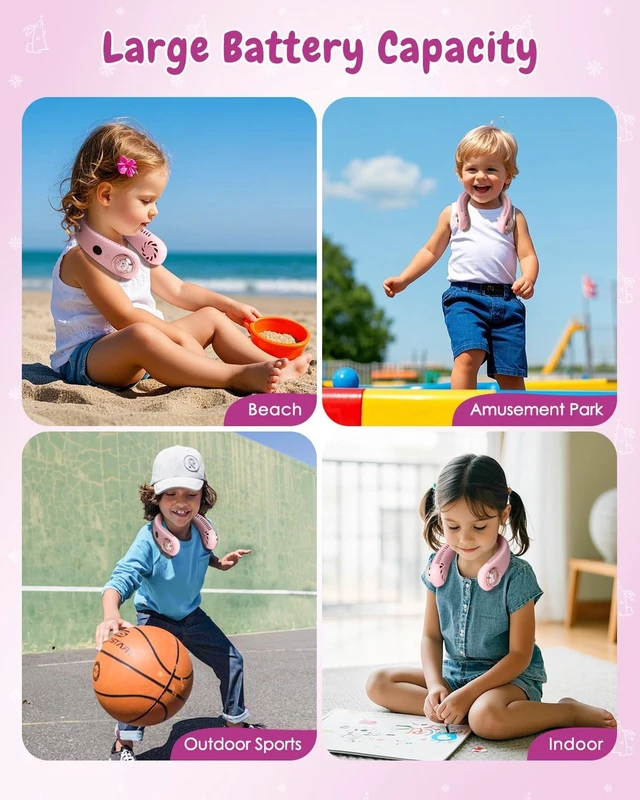 Alt view image 6 of 6 - Neck Fan for Kids,Bladeless Portable Fan Rechargeable for 4-14Y Girls & Boys, 2400mAh USB Personal Cooling Mini Fan Rechargeable for Travel/Disney/Camping, 3 Speeds, Summer Essentials(Pink)