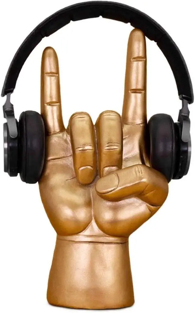 Alt view image 4 of 7 - Headphone Stand - Headphone Holder - Rock On Hand - Headset Stand - Mens Jewellery Holder - Mens Desk Accessories - Controller Holders - Guitar Accessories - Desk Tidy - Dad Rock Gifts - Gold