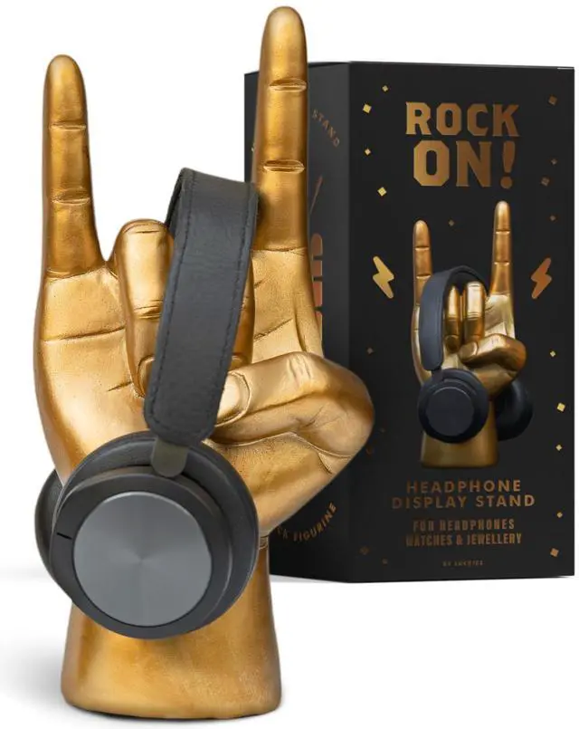 Main image of Headphone Stand - Headphone Holder - Rock On Hand - Headset Stand - Mens Jewellery Holder - Mens Desk Accessories - Controller Holders - Guitar Accessories - Desk Tidy - Dad Rock Gifts - Gold