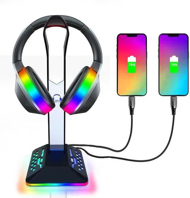Main image of RGB Headphone Stand with 2 USB 2.0 Extension Charging Port Extender Cord,Desk Gaming Headset Holder,Cool LED Headphone Holder PC Gaming Accessories,Gamer Gifts