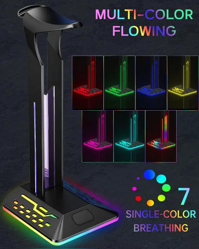 Alt view image 3 of 7 - RGB Headphone Stand with 2 USB 2.0 Extension Charging Port Extender Cord,Desk Gaming Headset Holder,Cool LED Headphone Holder PC Gaming Accessories,Gamer Gifts