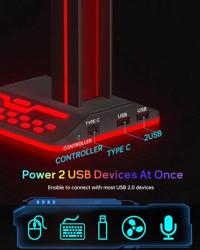 Alt view image 4 of 7 - RGB Headphone Stand with 2 USB 2.0 Extension Charging Port Extender Cord,Desk Gaming Headset Holder,Cool LED Headphone Holder PC Gaming Accessories,Gamer Gifts