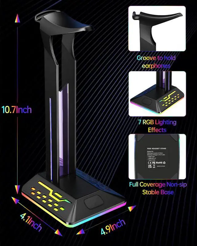 Alt view image 5 of 7 - RGB Headphone Stand with 2 USB 2.0 Extension Charging Port Extender Cord,Desk Gaming Headset Holder,Cool LED Headphone Holder PC Gaming Accessories,Gamer Gifts