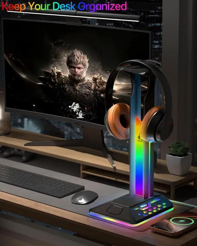 Alt view image 6 of 7 - RGB Headphone Stand with 2 USB 2.0 Extension Charging Port Extender Cord,Desk Gaming Headset Holder,Cool LED Headphone Holder PC Gaming Accessories,Gamer Gifts