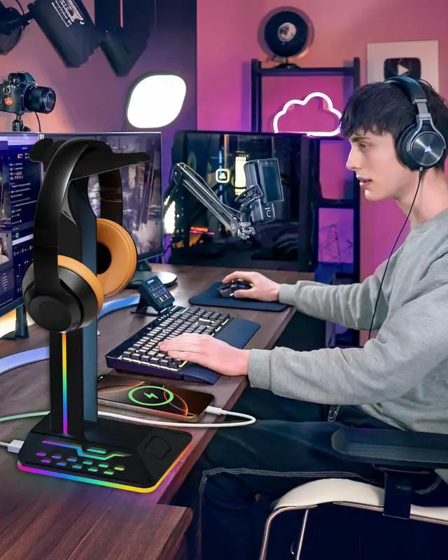 Alt view image 7 of 7 - RGB Headphone Stand with 2 USB 2.0 Extension Charging Port Extender Cord,Desk Gaming Headset Holder,Cool LED Headphone Holder PC Gaming Accessories,Gamer Gifts