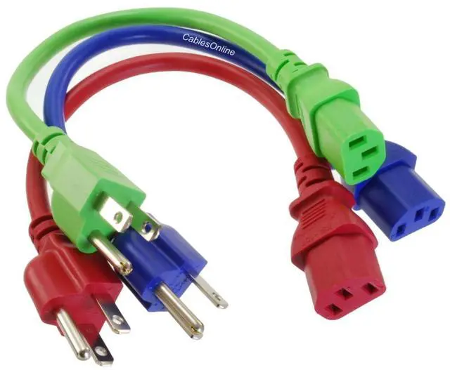 Main image of 3-Pack 1ft Short 3-Conductor, 18AWG, NEMA 5-15P to IEC C13 Power Cable, Three Colors, Red, Green, Blue, PC-301MC