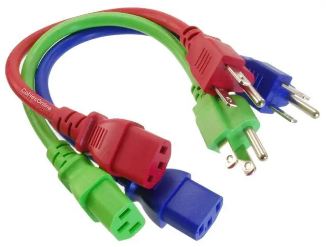 Alt view image 2 of 5 - 3-Pack 1ft Short 3-Conductor, 18AWG, NEMA 5-15P to IEC C13 Power Cable, Three Colors, Red, Green, Blue, PC-301MC