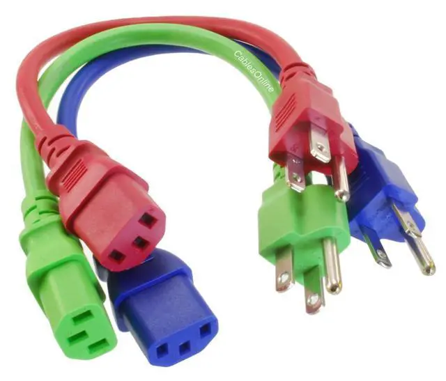 Alt view image 3 of 5 - 3-Pack 1ft Short 3-Conductor, 18AWG, NEMA 5-15P to IEC C13 Power Cable, Three Colors, Red, Green, Blue, PC-301MC
