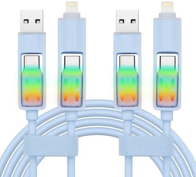 Main image of 2 Pack 4 in 1 Charging Cable Flexible Silicone 60w Fast Charge Multi Charging Cable 480 Mbps High Speed RGB Charging Cord USBA/TypeC to TypeC/iPhone for iPhone, Samsung, Tablets, Laptop