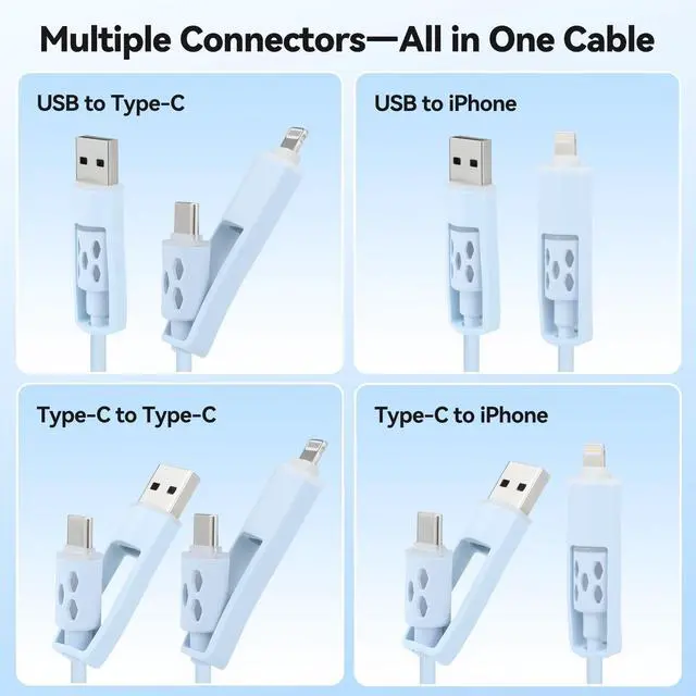 Alt view image 2 of 7 - 2 Pack 4 in 1 Charging Cable Flexible Silicone 60w Fast Charge Multi Charging Cable 480 Mbps High Speed RGB Charging Cord USBA/TypeC to TypeC/iPhone for iPhone, Samsung, Tablets, Laptop