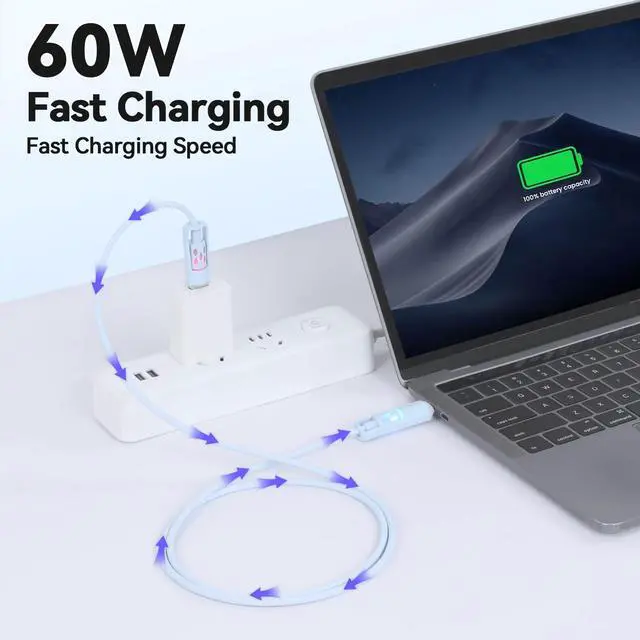 Alt view image 3 of 7 - 2 Pack 4 in 1 Charging Cable Flexible Silicone 60w Fast Charge Multi Charging Cable 480 Mbps High Speed RGB Charging Cord USBA/TypeC to TypeC/iPhone for iPhone, Samsung, Tablets, Laptop